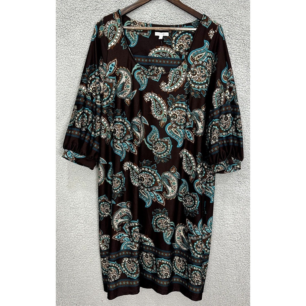 VTG Y2K Fashion Bug Brown Paisley Midi Shift Dress Boho‎ Indie Flowy Earthy 1X